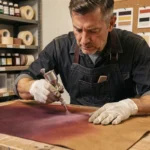 Artisan utilisant un aérographe pour peindre un dégradé bordeaux et cognac sur un panneau de cuir dans un atelier de maroquinerie