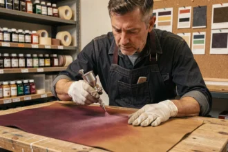 Artisan utilisant un aérographe pour peindre un dégradé bordeaux et cognac sur un panneau de cuir dans un atelier de maroquinerie