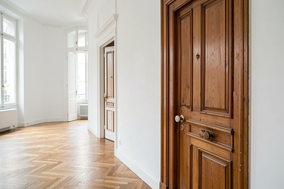 Agent immobilier présentant une porte intérieure ancienne en bois restaurée dans un appartement parisien rénové