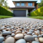 Allée en béton désactivé avec galets apparents devant une maison moderne, texture de surface détaillée
