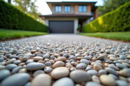 Allée en béton désactivé avec galets apparents devant une maison moderne, texture de surface détaillée