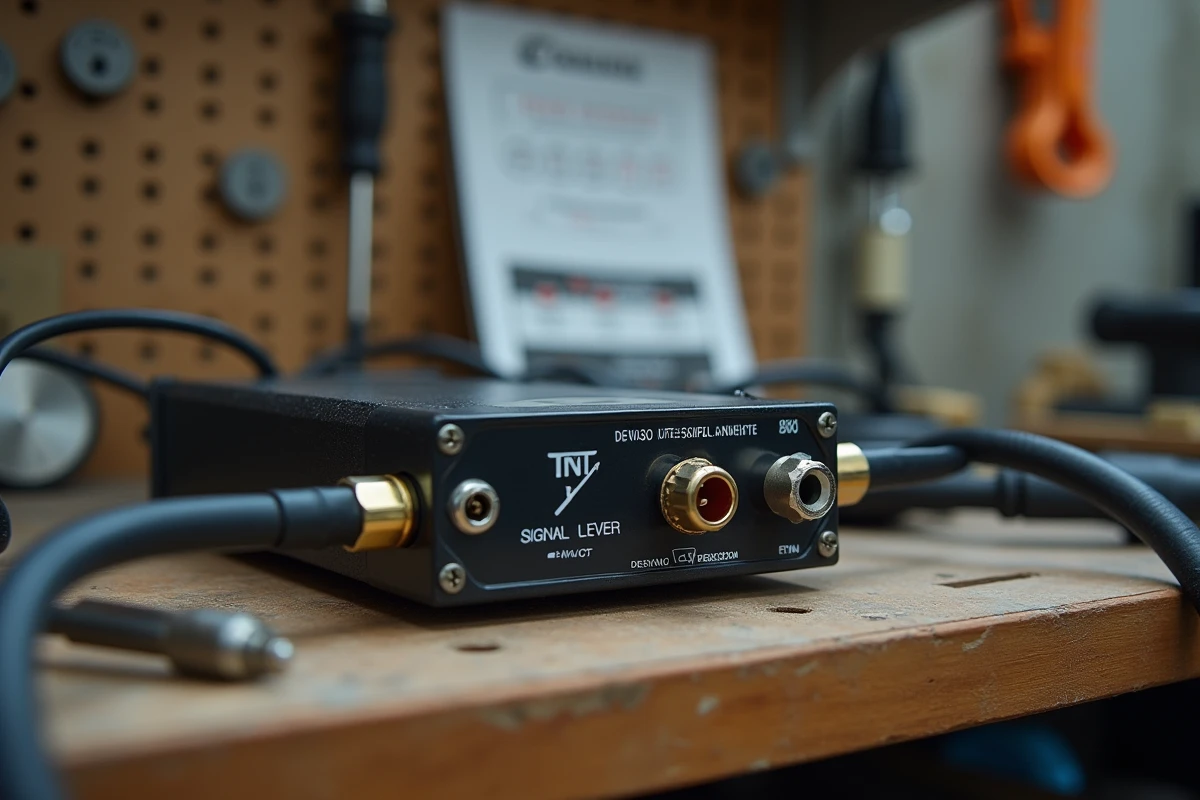 Amplificateur TNT posé sur un établi avec câble coaxial et tournevis pour ajustement du signal