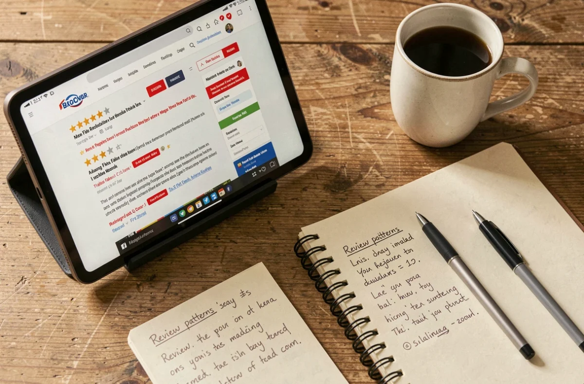 Vue aérienne d'un bureau avec tablette affichant des avis suspects sur Casa Corner et notes manuscrites d'analyse