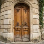 Ancienne porte en bois sculptée sur une façade haussmannienne avec quincaillerie en laiton et pavés parisiens