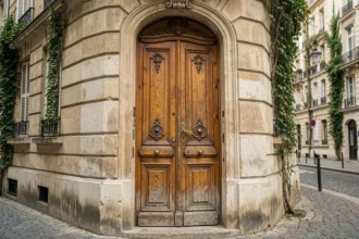 Ancienne porte en bois sculptée sur une façade haussmannienne avec quincaillerie en laiton et pavés parisiens