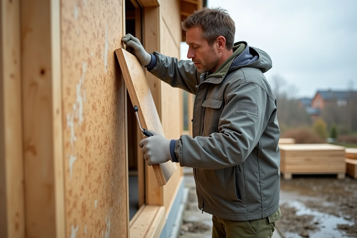 Ouvrier appliquant un enduit de protection imperméable sur un panneau OSB extérieur lors d'un chantier de construction de maison