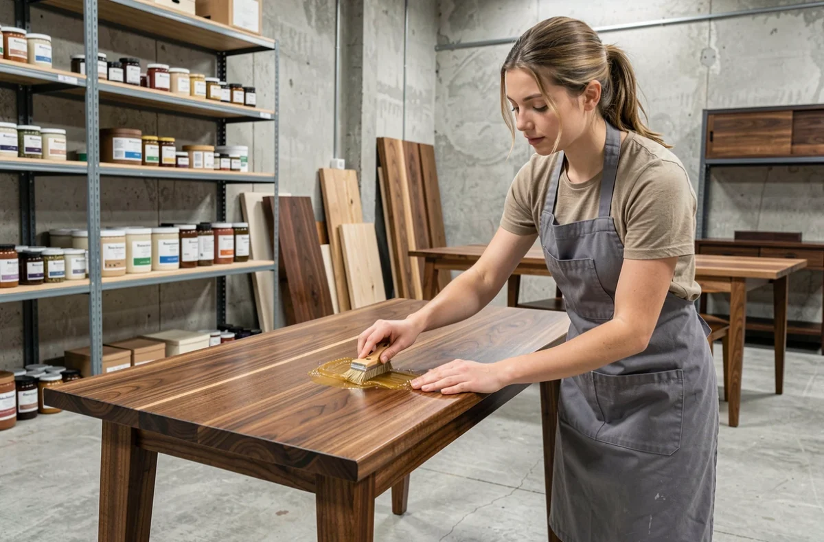Apprentie ébéniste appliquant une finition à la cire d'abeille sur une table en noyer massif dans un atelier français contemporain