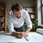 Architecte calculant des mesures de surface sur un plan avec règle et crayon dans un studio moderne
