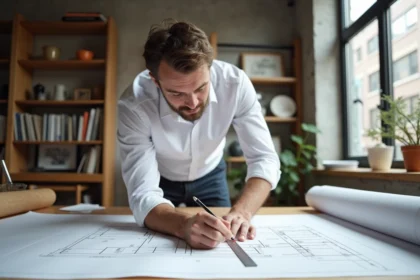 Architecte calculant des mesures de surface sur un plan avec règle et crayon dans un studio moderne