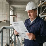 Architecte sur chantier vérifiant la conformité à la norme NF P01-012 relative aux garde-corps