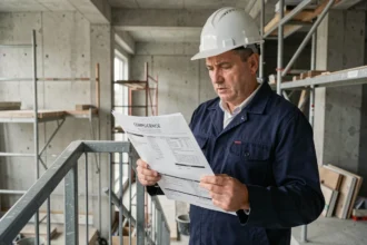Architecte sur chantier vérifiant la conformité à la norme NF P01-012 relative aux garde-corps