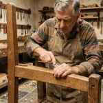 Artisan ébéniste français taillant un assemblage à mortaise dans du chêne massif dans un atelier traditionnel