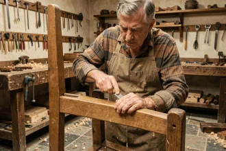 Artisan ébéniste français taillant un assemblage à mortaise dans du chêne massif dans un atelier traditionnel