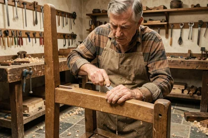 Artisan ébéniste français taillant un assemblage à mortaise dans du chêne massif dans un atelier traditionnel