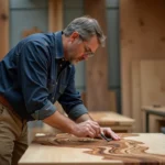 Artisan menuisier appliquant un placage en bois dans son atelier