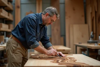 Artisan menuisier appliquant un placage en bois dans son atelier