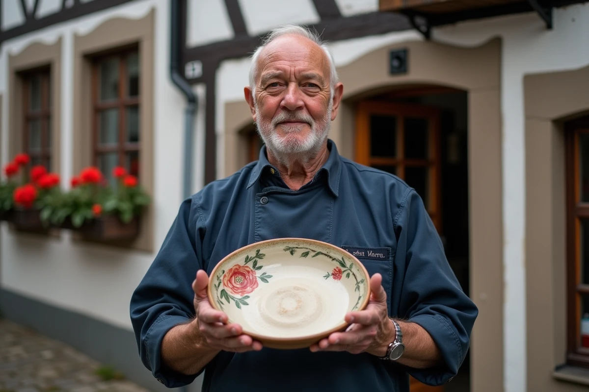 Artisan potier de la famille BECK tenant une assiette peinte devant la façade à colombages traditionnelle de la Poterie BECK à Soufflenheim