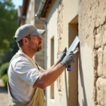Artisan appliquant un enduit de ravalement texturé sur la façade en pierre d'une maison traditionnelle française