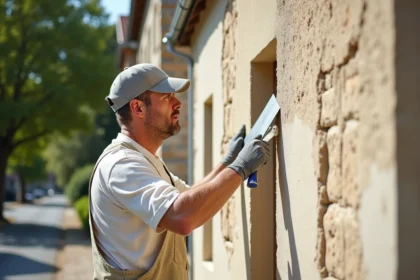 Artisan appliquant un enduit de ravalement texturé sur la façade en pierre d'une maison traditionnelle française