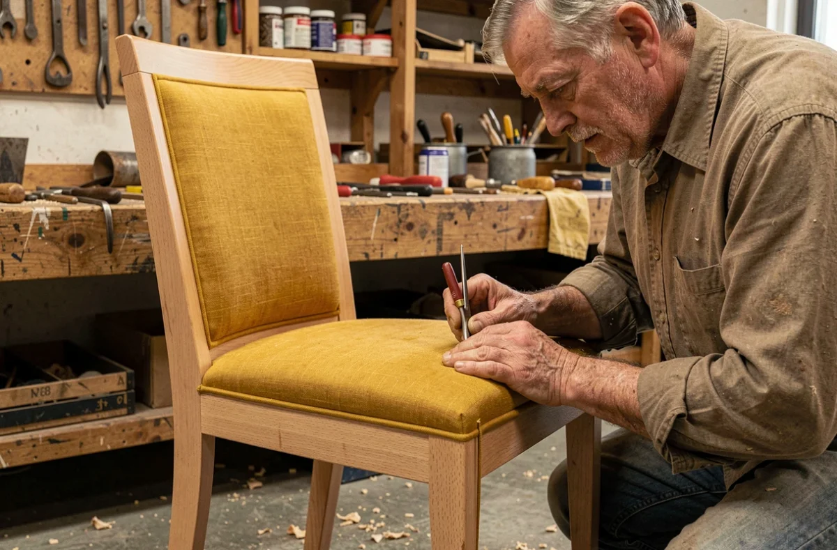 Artisan en train de rénover un fauteuil Voltaire dans un atelier de tapisserie avec cadre en hêtre brut et tissu lin jaune moutarde