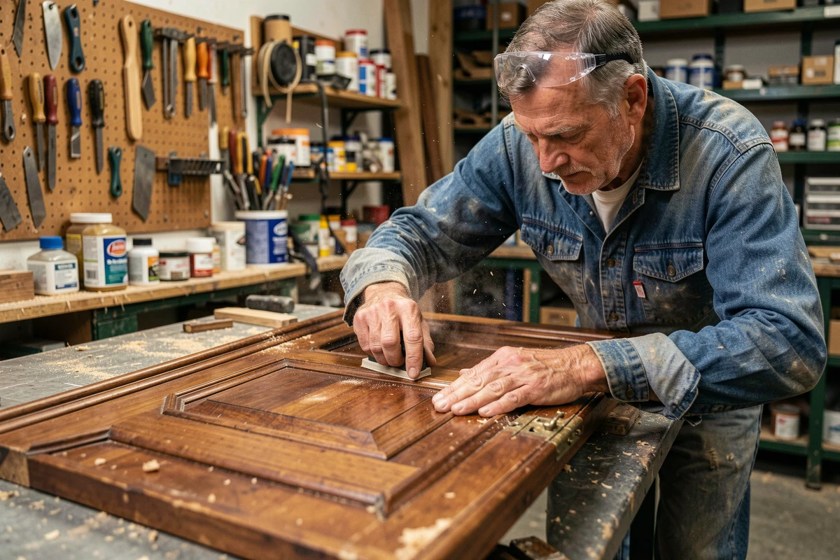 Artisan restaurateur ponçant une ancienne porte en bois dans son atelier de menuiserie