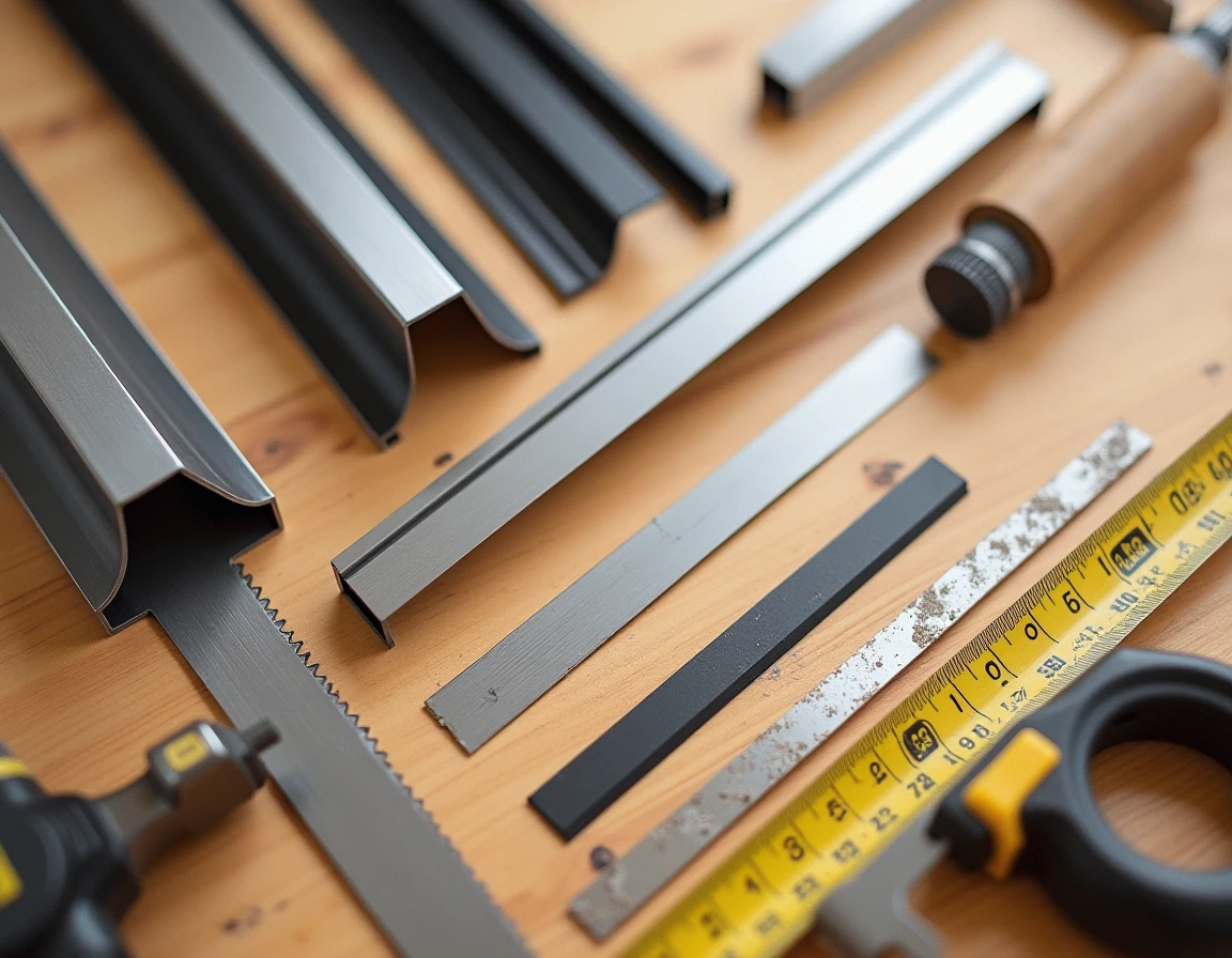 Assortiment de cornières aluminium en différentes finitions posées sur un établi d'atelier avec outils de découpe
