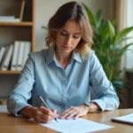 Femme rédigeant une attestation de domicile sur l'honneur à son bureau à domicile
