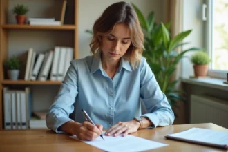 Femme rédigeant une attestation de domicile sur l'honneur à son bureau à domicile