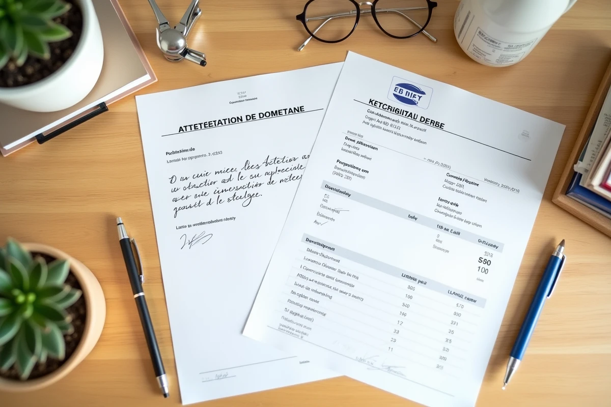 Vue de dessus d'une attestation de domicile manuscrite et d'un justificatif officiel posés sur une table en bois