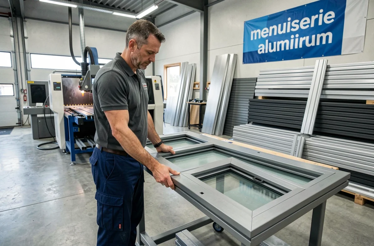 Technicien Batim'Alu assemblant un cadre de fenêtre en aluminium gris dans une unité de fabrication près de Nantes