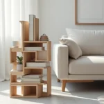 Book Stacker en bois de chêne naturel dans un salon scandinave avec livres et plante succulente