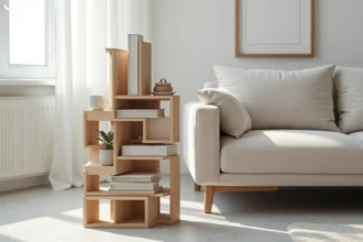 Book Stacker en bois de chêne naturel dans un salon scandinave avec livres et plante succulente
