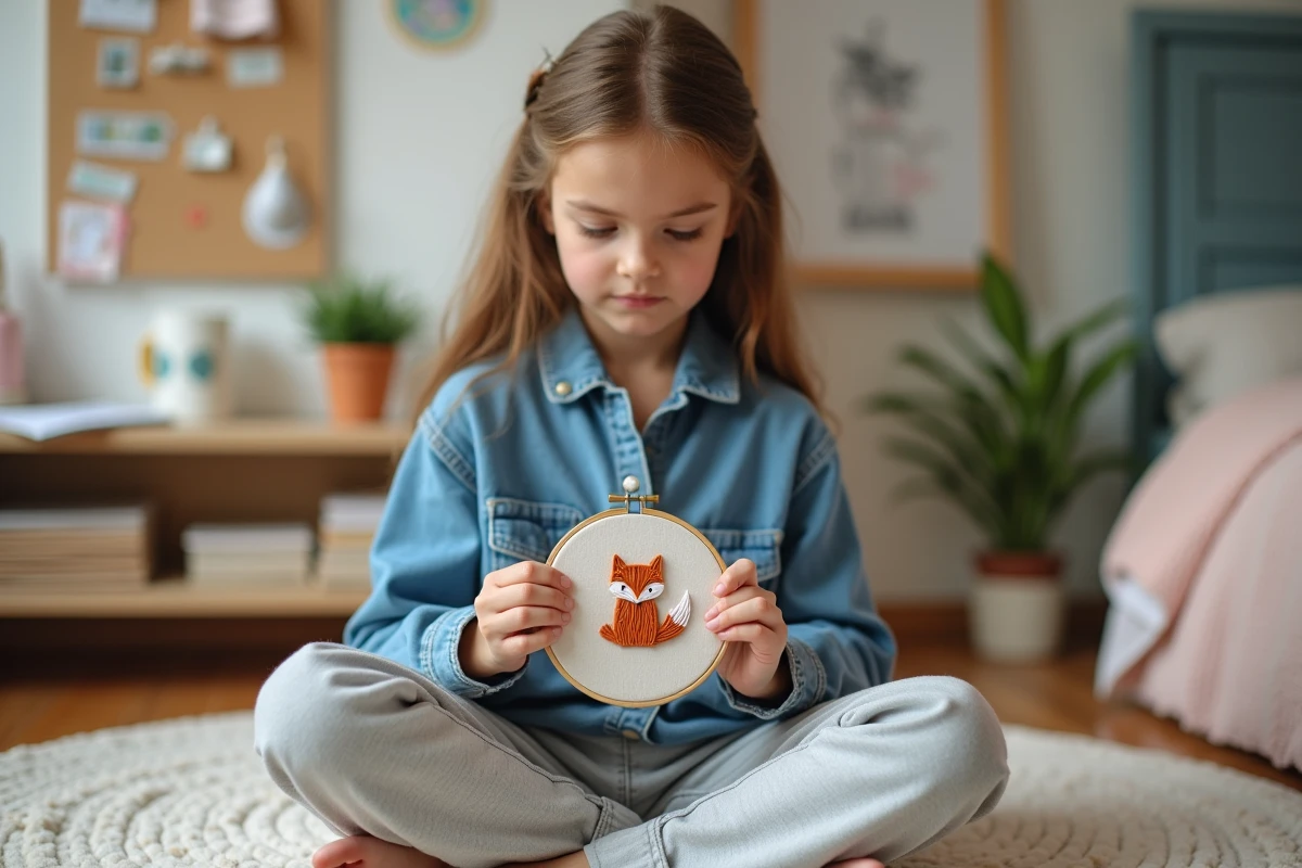 Jeune fille adolescente brodant un renard mignon sur un tambour en coton, assise sur le sol de sa chambre décorée avec des accessoires créatifs et des plantes