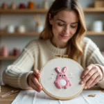 Femme débutante brodant un adorable lapin sur un tambour à broder en lin, entourée de fils colorés et d'accessoires de couture sur une table en bois