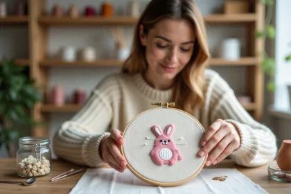 Femme débutante brodant un adorable lapin sur un tambour à broder en lin, entourée de fils colorés et d'accessoires de couture sur une table en bois