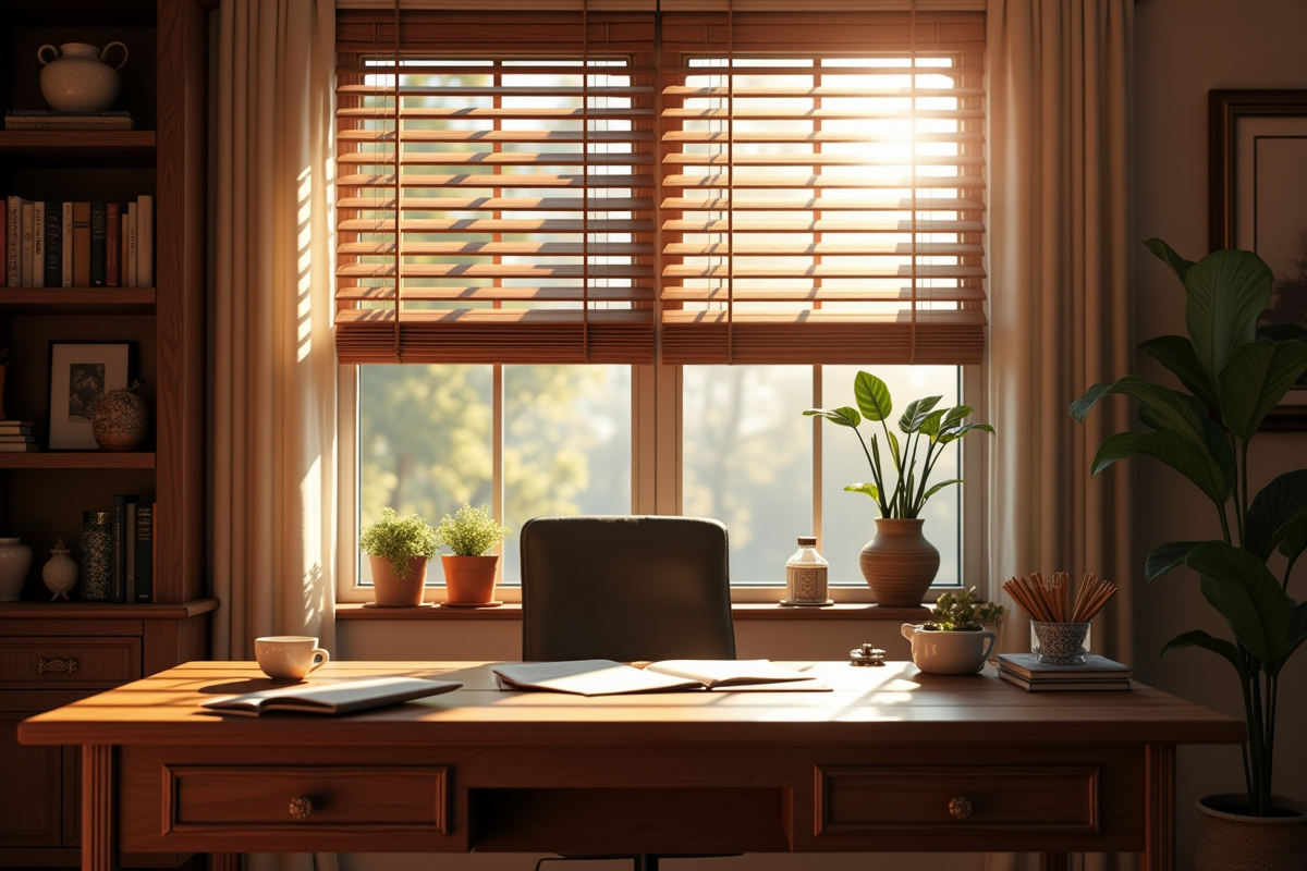 Bureau cosy avec stores en bois et lumière du soleil