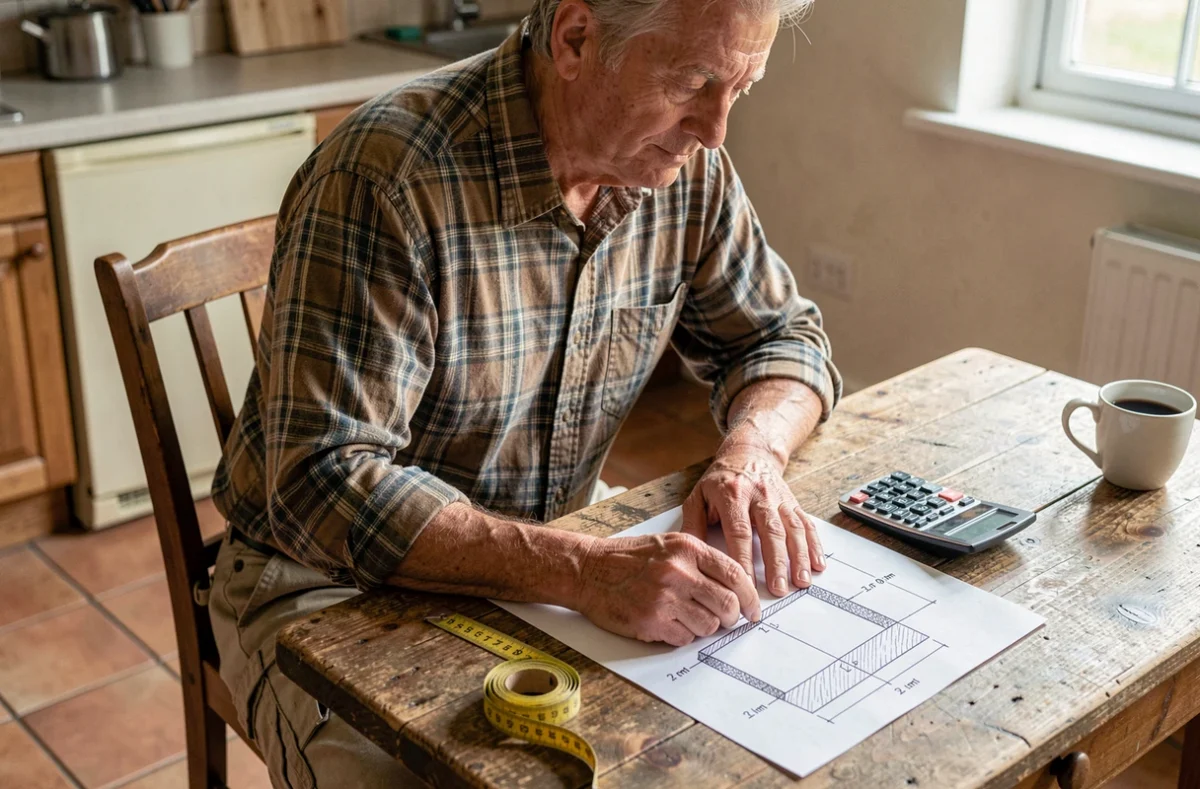Homme à la maison calculant un volume en m3 pour un projet de béton ou de remblai avec un schéma coté et un mètre ruban sur une table en bois