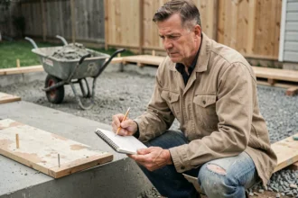 Homme sur chantier calculant le volume de béton en m3 avec un carnet de notes manuscrit posé près d'une fondation en béton frais
