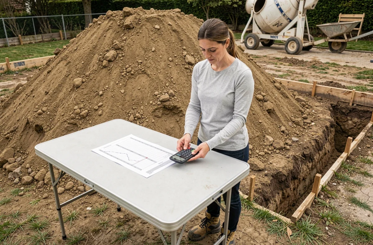 Femme calculant le volume de remblai en m3 sur un chantier de jardin avec une fiche de mesures et une calculatrice de téléphone
