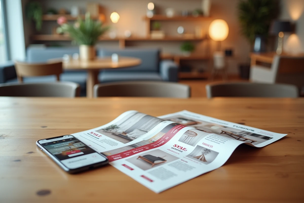 Catalogue promotionnel BUT et smartphone affichant des offres de meubles en 2026 sur une table en bois