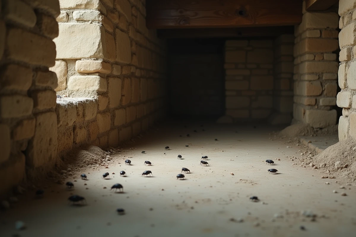 Cave ancienne avec insectes noirs sur sol en béton près d'une poutre en bois humide
