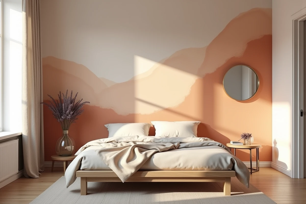 Chambre adulte minimaliste avec papier peint terracotta aquarelle abstrait et literie en coton lavé pour un sommeil zen