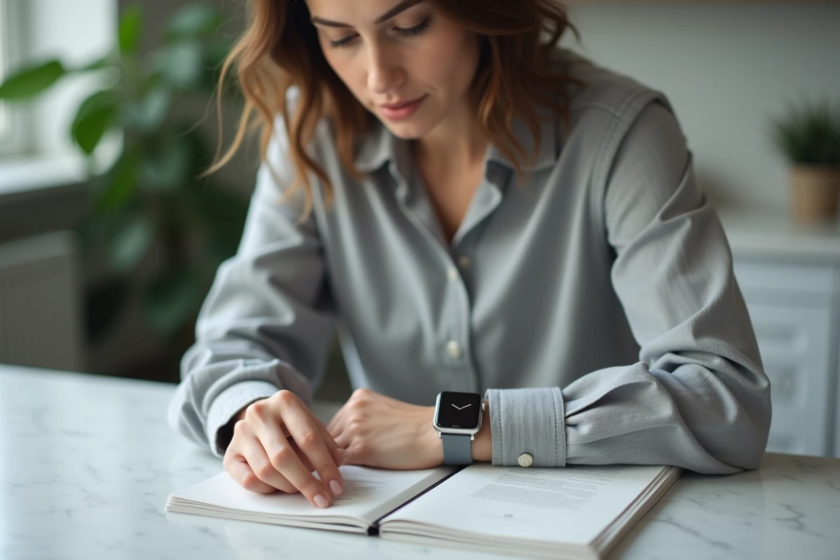 Femme changeant la pile d'une montre digitale à domicile en consultant la notice