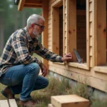Homme moyenâgeux examine une fenêtre dans un chalet en bois
