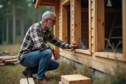 Homme moyenâgeux examine une fenêtre dans un chalet en bois