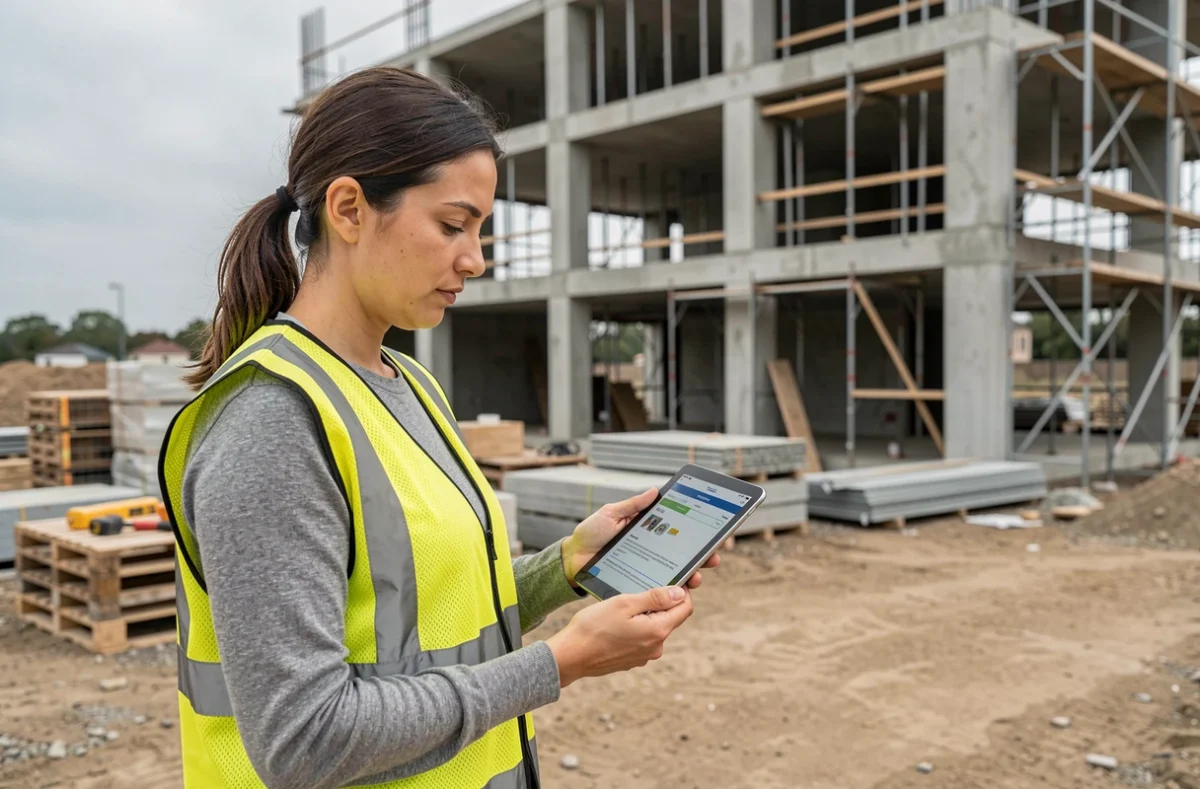 Cheffe de chantier utilisant une plateforme de devis en ligne sur tablette pour trouver des professionnels du BTP