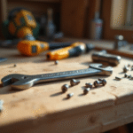 Clé à roue sur un établi en bois avec outils de rénovation