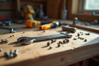 Clé à roue sur un établi en bois avec outils de rénovation