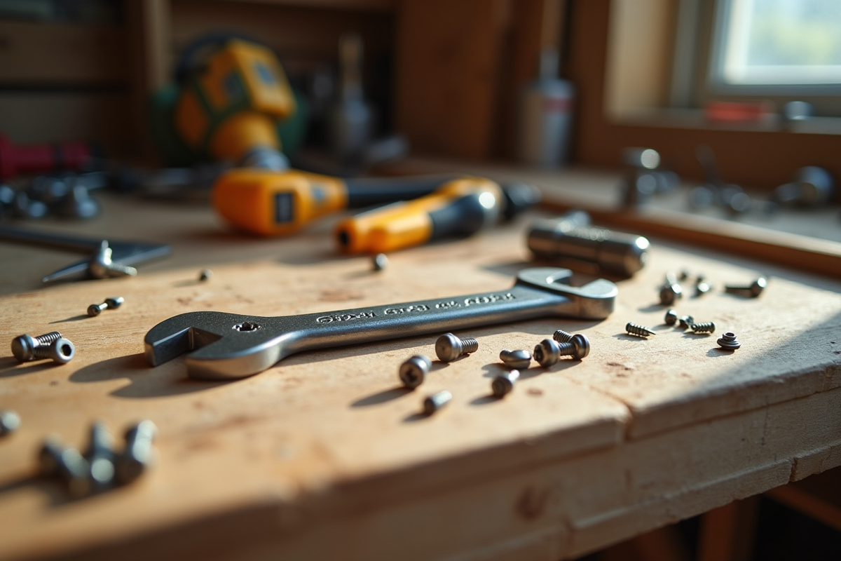 Clé à roue sur un établi en bois avec outils de rénovation