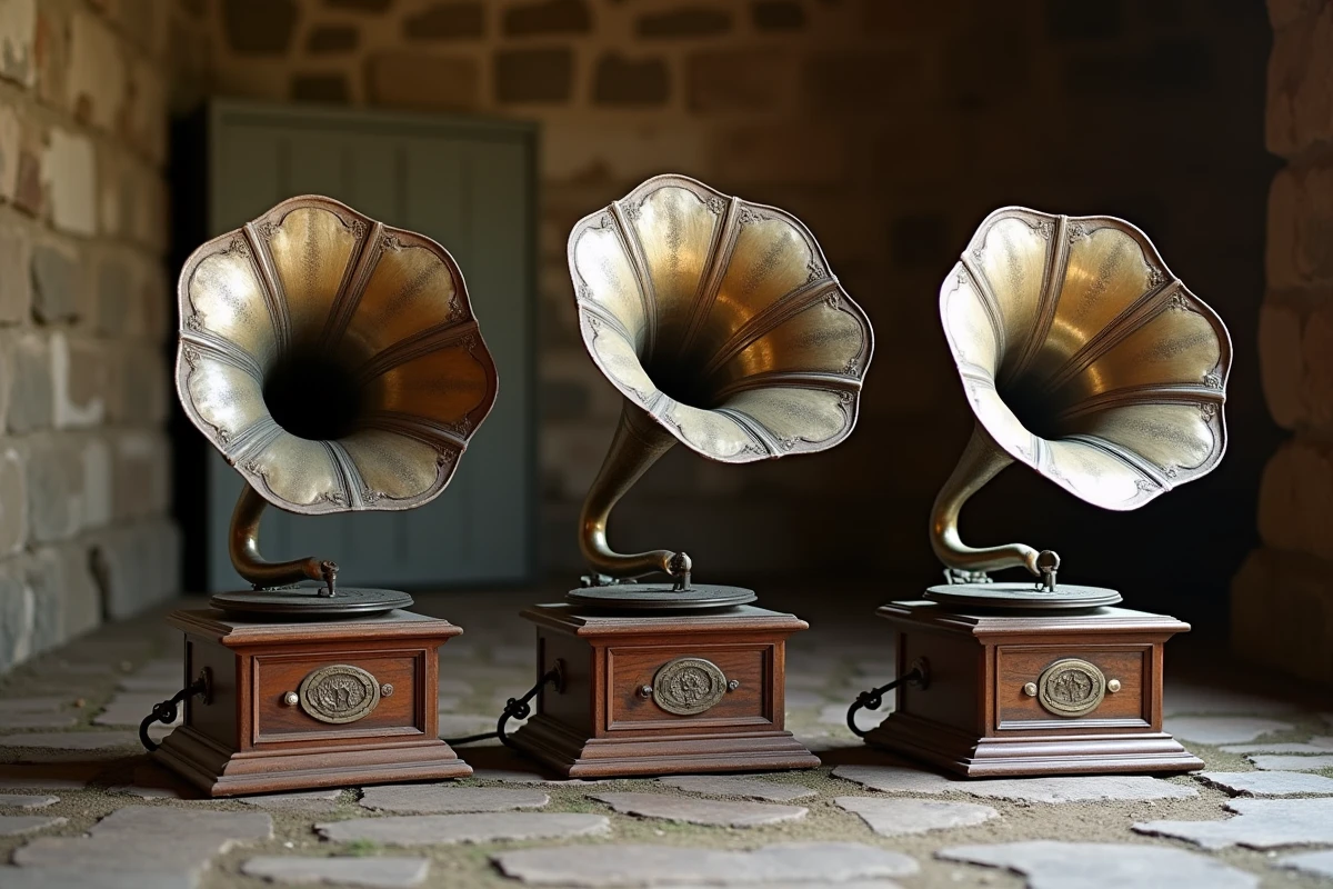 Trois gramophones vintage restaurés en cours d'exposition dans une grange reconvertie en brocante, avec pavillons en étain et porcelaine